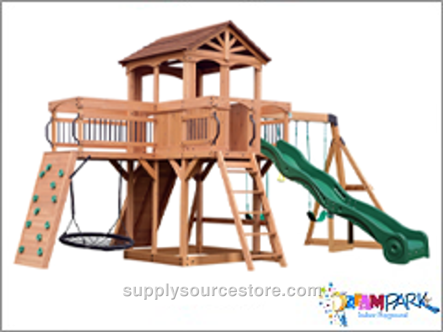 Wooden Playhouse Double Swing Set