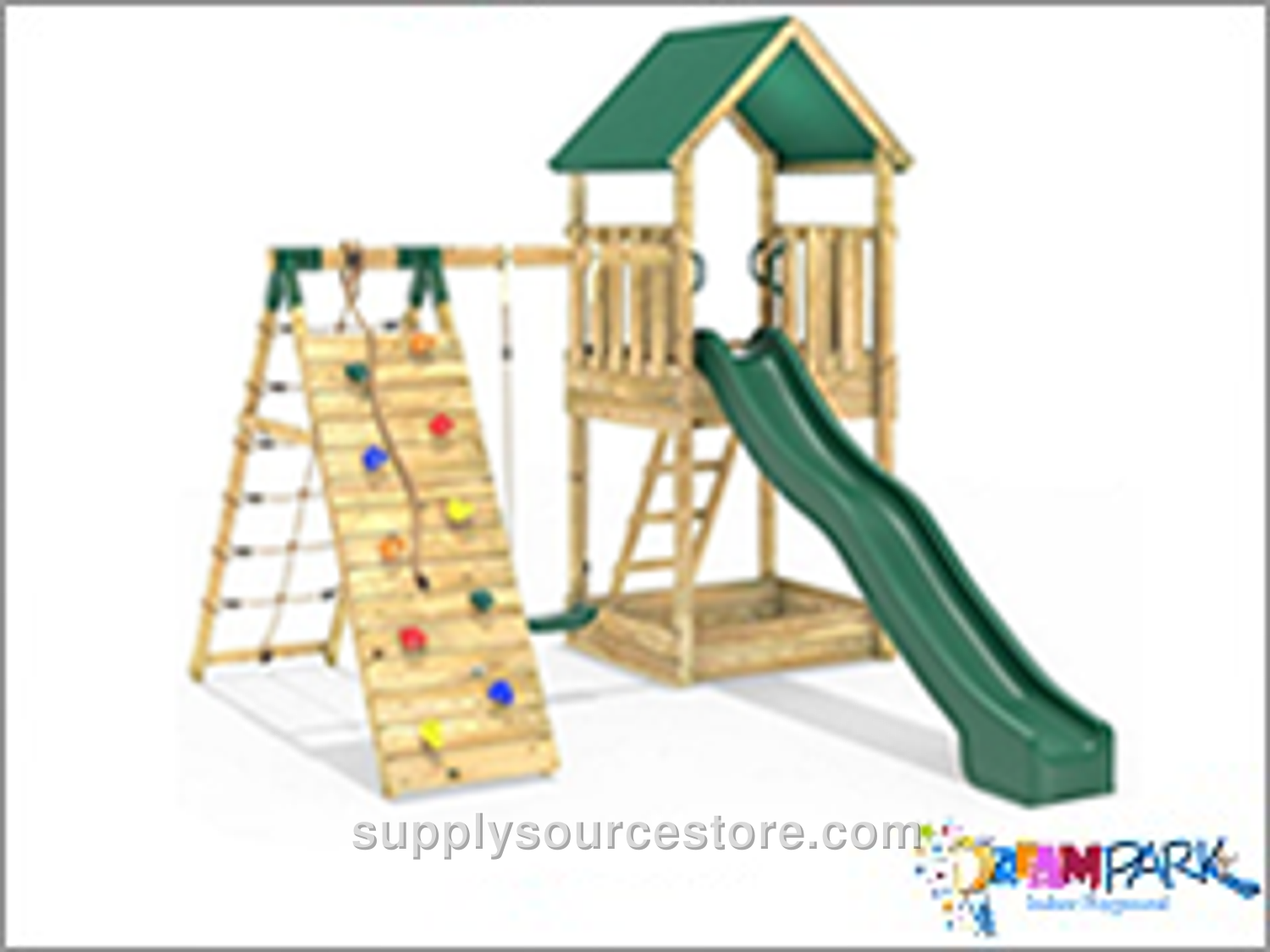 Wooden Roofed Slide and Climbing Swing Set