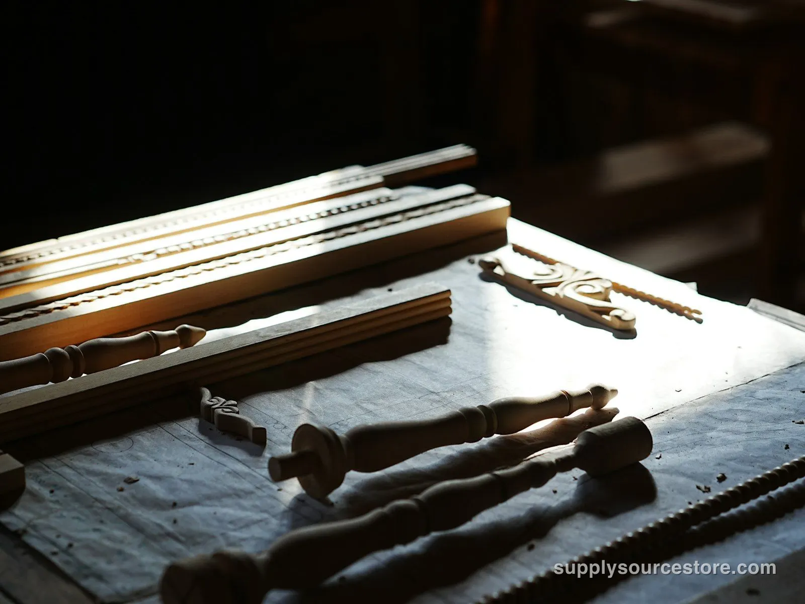 Turned wooden furniture parts on a workbench