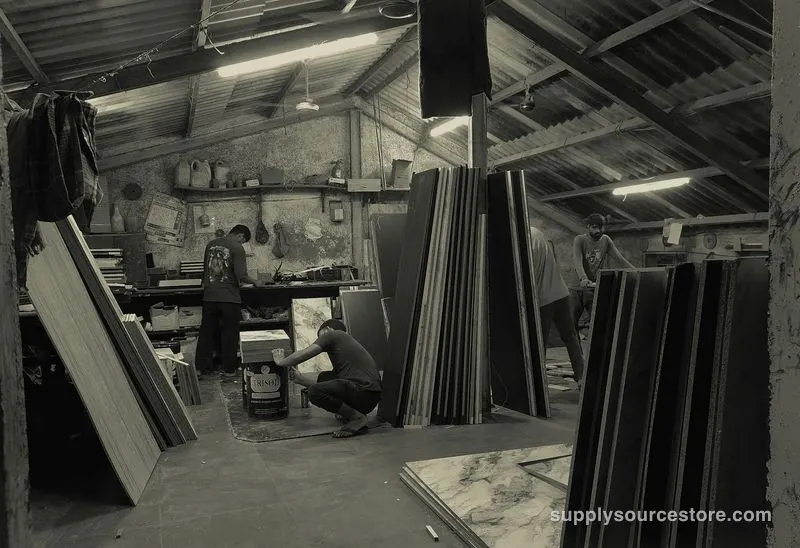 Furniture workshop with machines and stacked materials