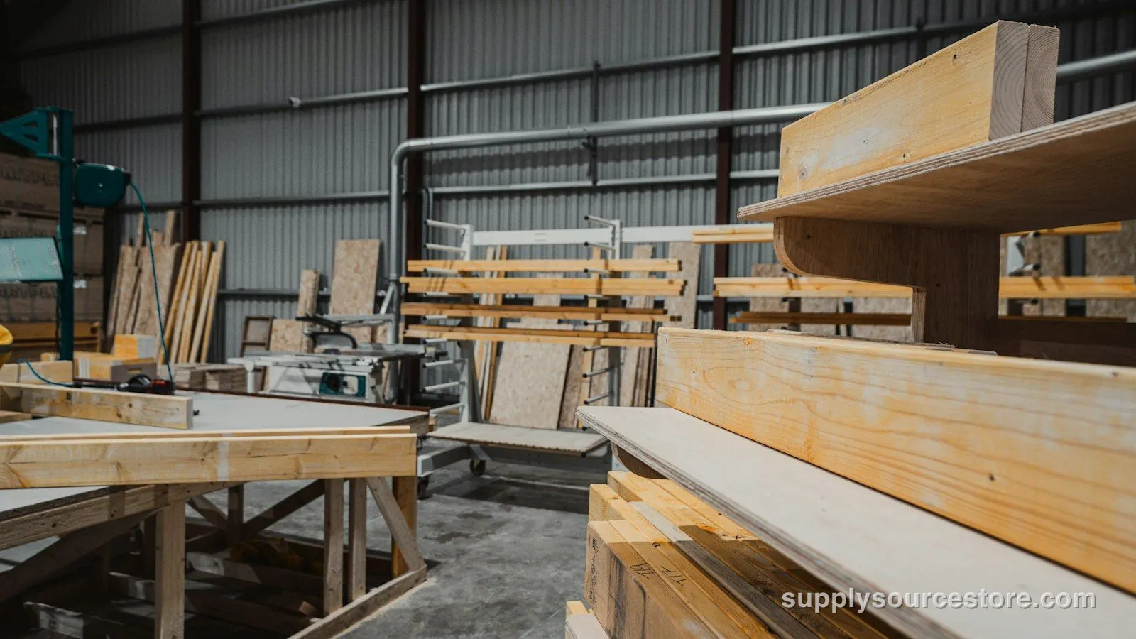 Stacks of plywood sheets and timber in a woodworking workshop