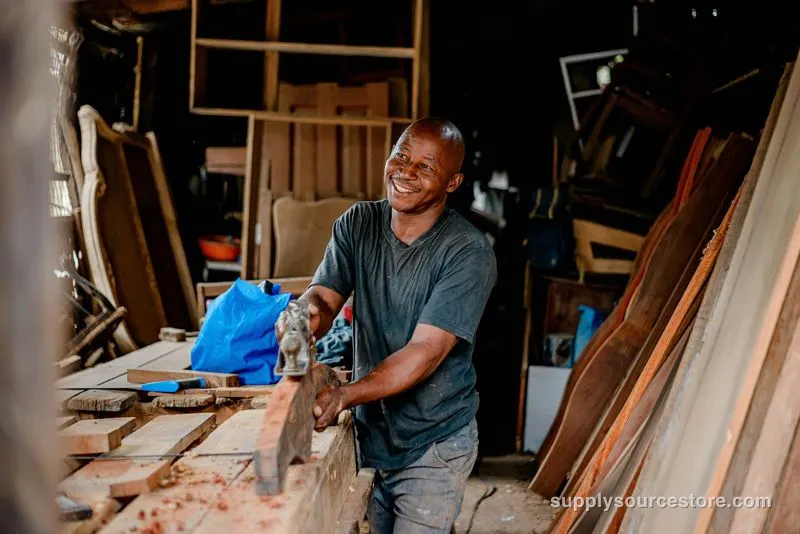 Woodworker smiling while working on a board