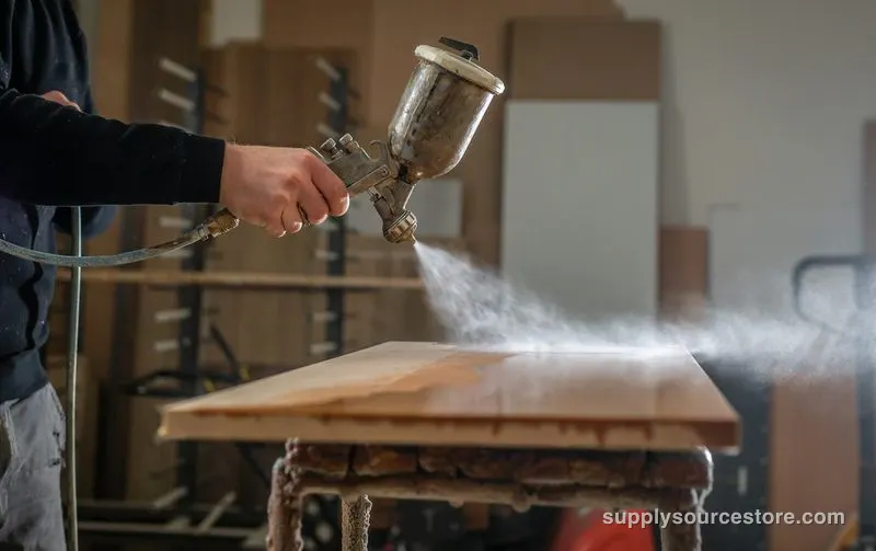 Spray gun finishing a wooden table