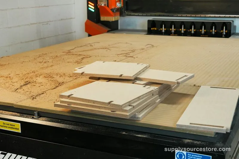 Cut wooden pieces stacked on a CNC bed